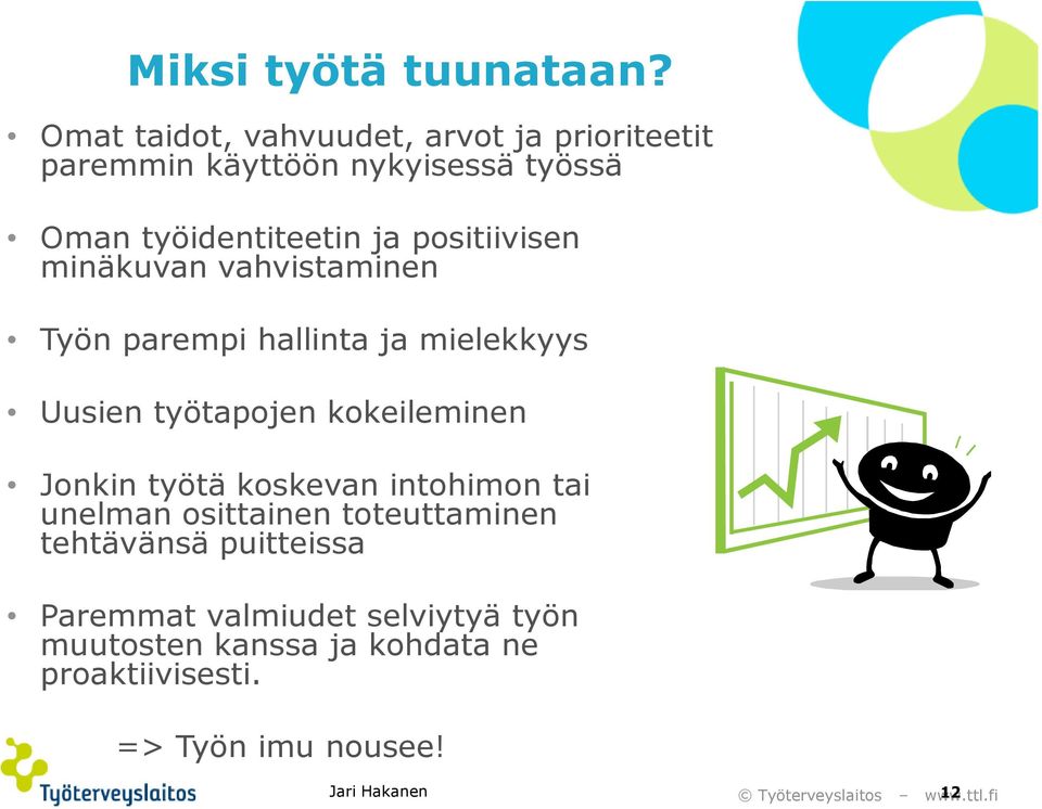 positiivisen minäkuvan vahvistaminen Työn parempi hallinta ja mielekkyys Uusien työtapojen kokeileminen