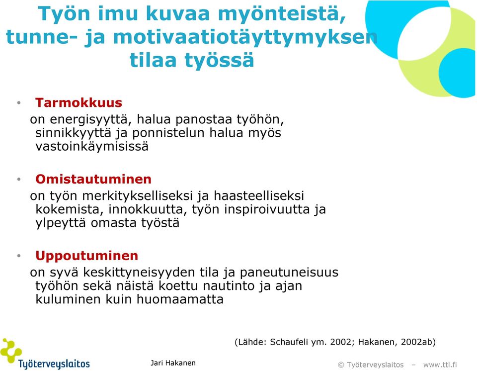 haasteelliseksi kokemista, innokkuutta, työn inspiroivuutta ja ylpeyttä omasta työstä Uppoutuminen on syvä