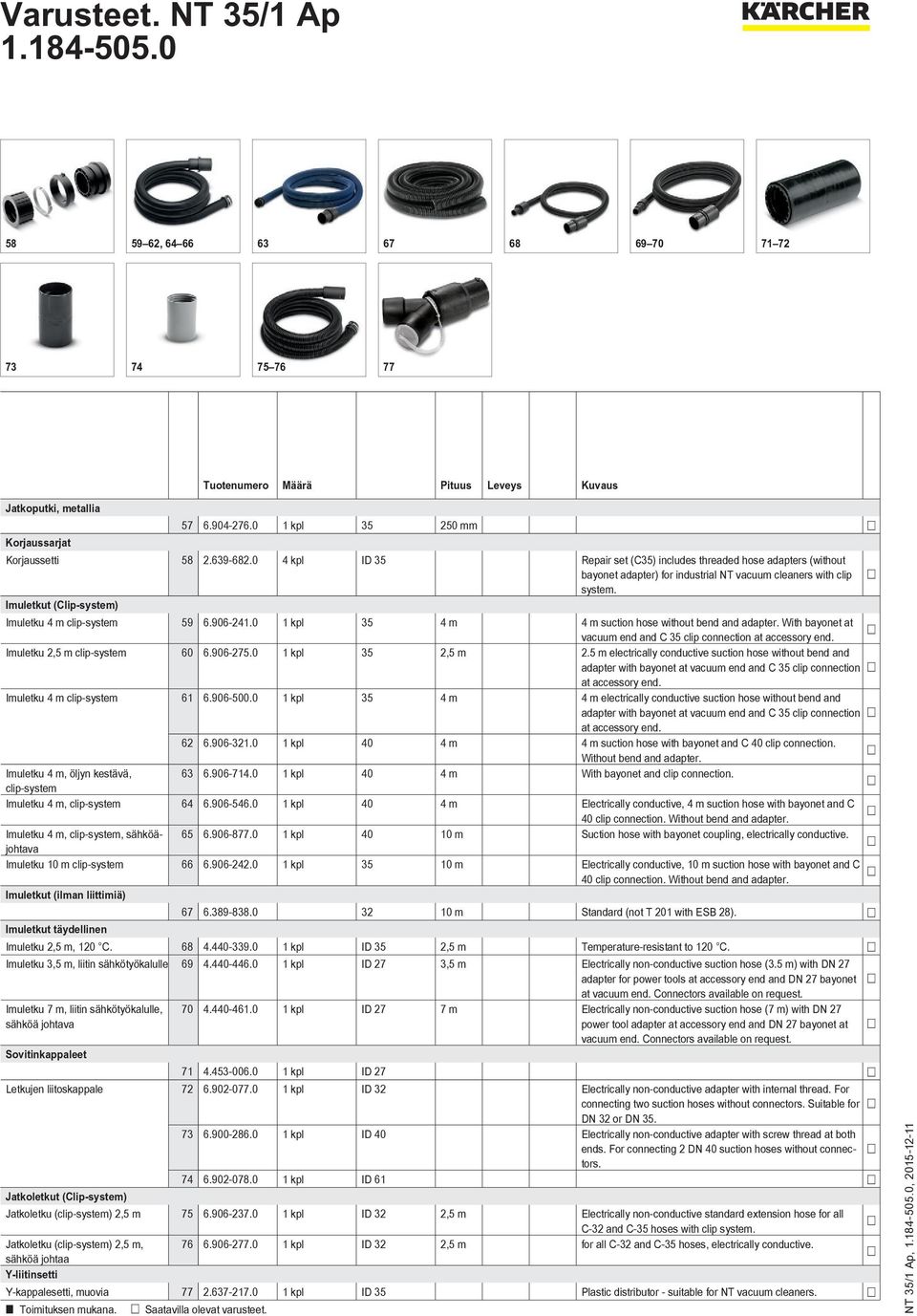 906-241.0 1 kpl 35 4 m 4 m suction hose without bend and adapter. With bayonet at vacuum end and C 35 clip connection at accessory end. Imuletku 2,5 m clip-system 60 6.906-275.0 1 kpl 35 2,5 m 2.