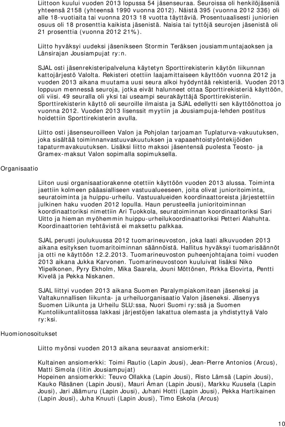 Naisia tai tyttöjä seurojen jäsenistä oli 21 prosenttia (vuonna 2012 21%). Liitto hyväksyi uudeksi jäsenikseen Stormin Teräksen jousiammuntajaoksen ja Länsirajan Jousiampujat ry:n.