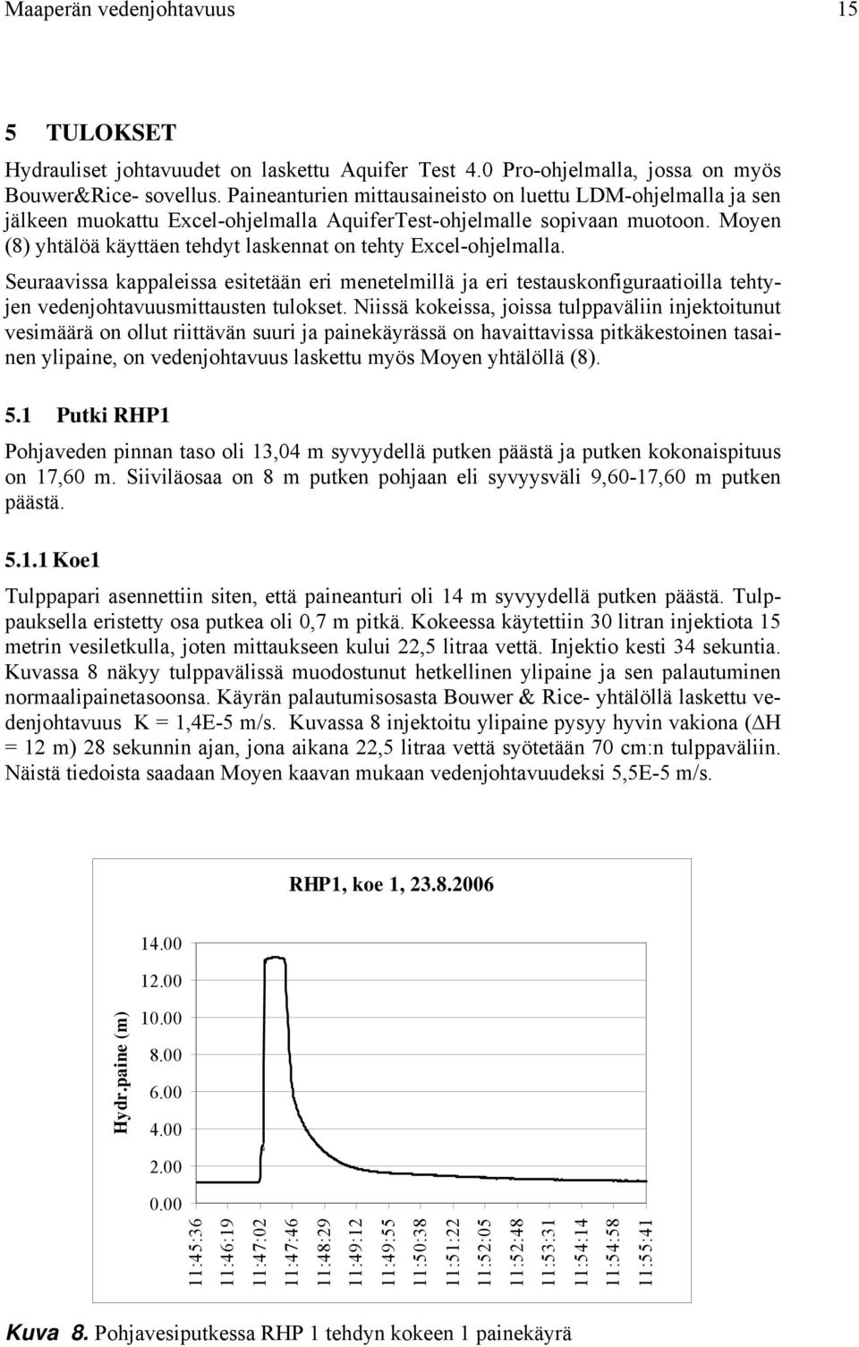 Moyen (8) yhtälöä käyttäen tehdyt laskennat on tehty Excel-ohjelmalla. Seuraavissa kappaleissa esitetään eri menetelmillä ja eri testauskonfiguraatioilla tehtyjen vedenjohtavuusmittausten tulokset.