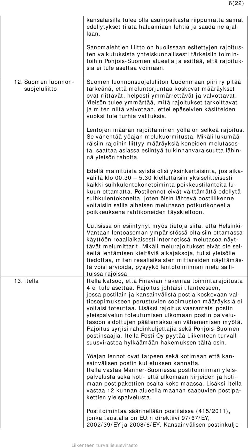 Suomen luonnonsuojeluliitto Suomen luonnonsuojeluliiton Uudenmaan piiri ry pitää tärkeänä, että meluntorjuntaa koskevat määräykset ovat riittävät, helposti ymmärrettävät ja valvottavat.