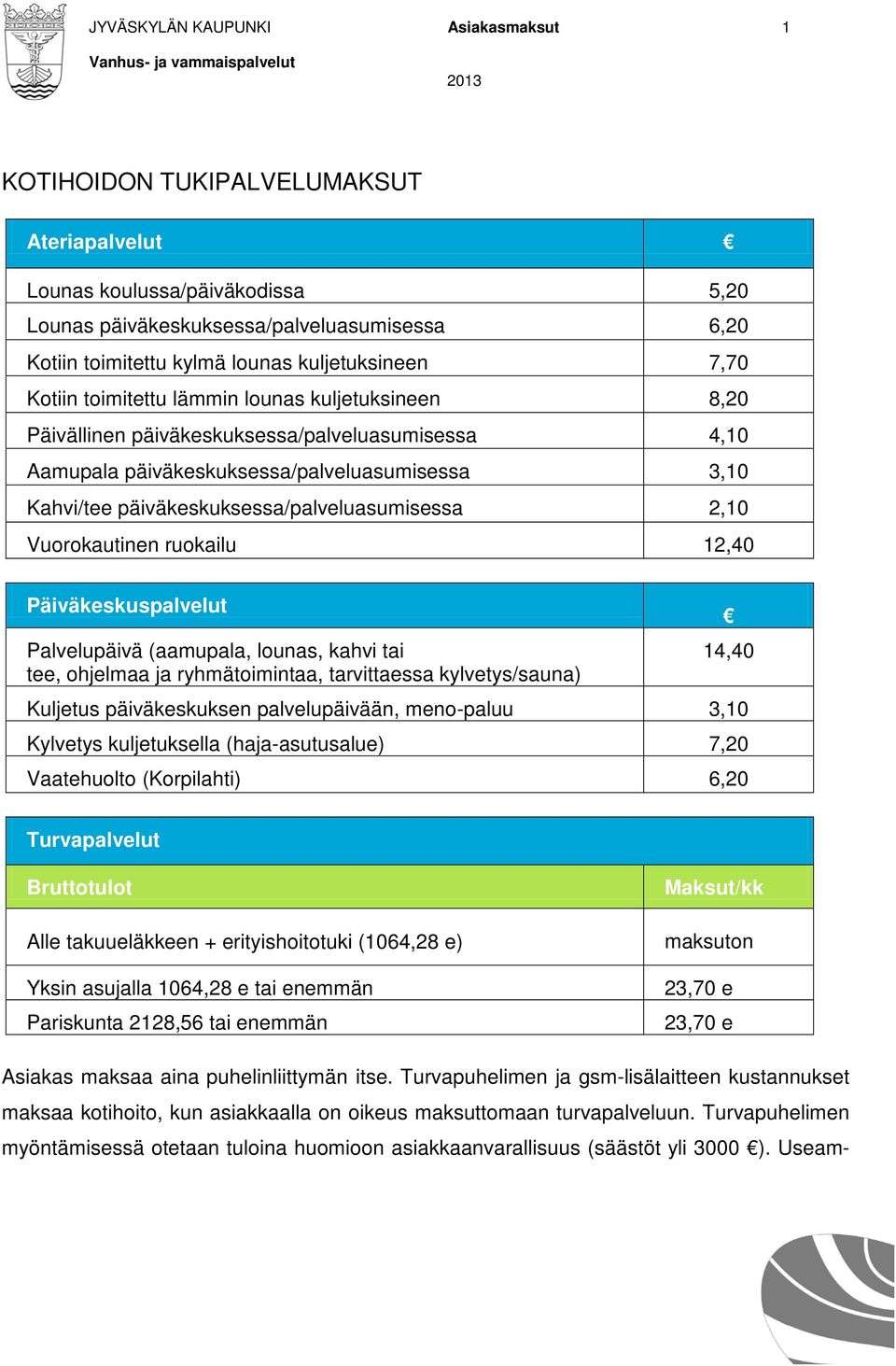 Kahvi/tee päiväkeskuksessa/palveluasumisessa 2,10 Vuorokautinen ruokailu 12,40 Päiväkeskuspalvelut Palvelupäivä (aamupala, lounas, kahvi tai tee, ohjelmaa ja ryhmätoimintaa, tarvittaessa