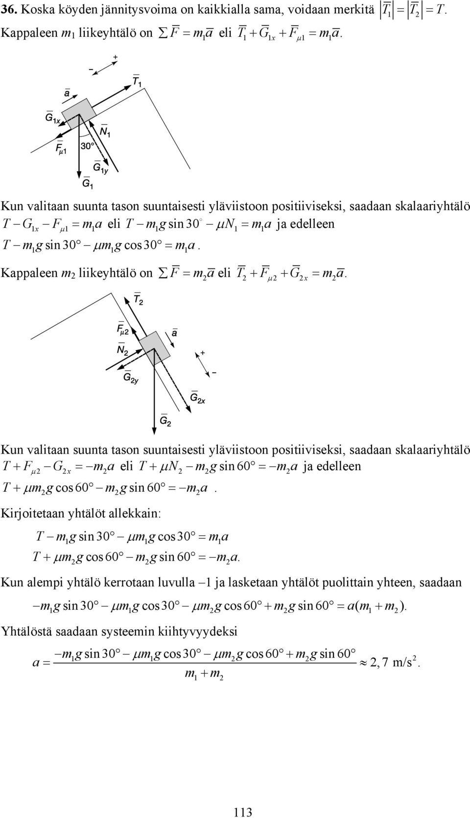 Kappaleen liikeyhtälö on F= a eli T + F + G = a.