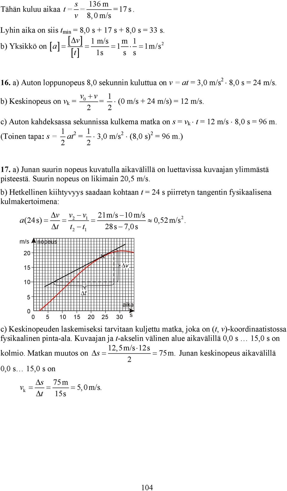 c) Auton kahdeksassa sekunnissa kulkea atka on s = v k t = /s 8,0 s = 96. (Toinen tapa: s = at = 3,0 /s (8,0 s) = 96.) 7.