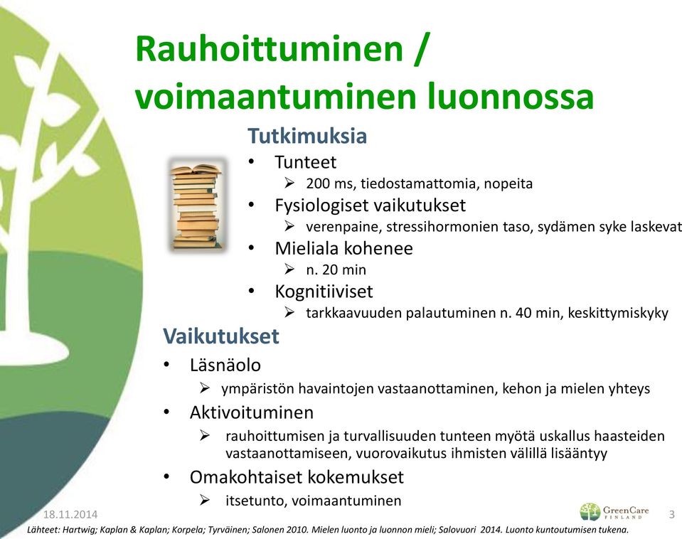 40 min, keskittymiskyky Vaikutukset Läsnäolo ympäristön havaintojen vastaanottaminen, kehon ja mielen yhteys Aktivoituminen rauhoittumisen ja turvallisuuden tunteen myötä