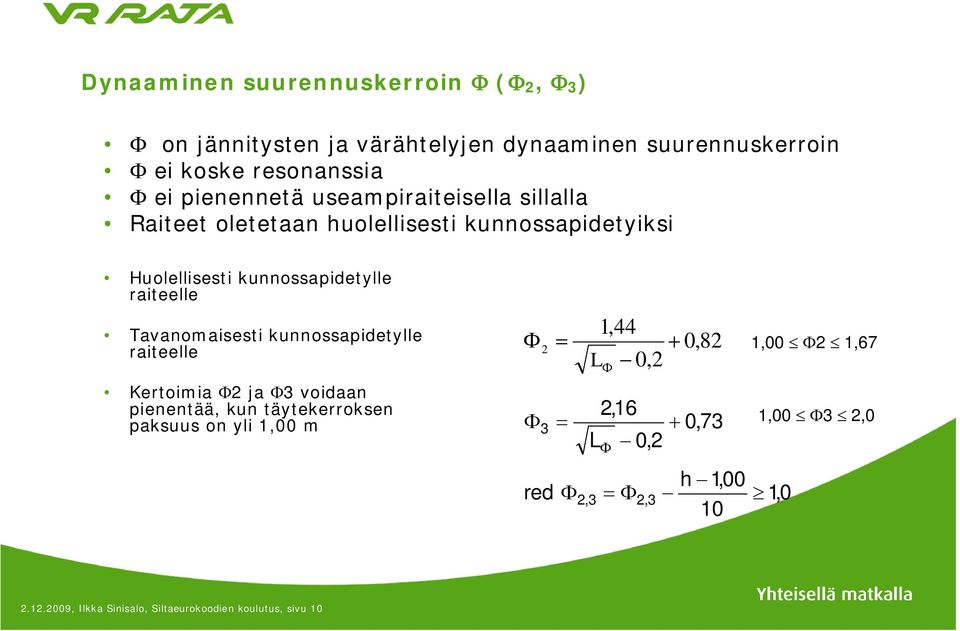 raiteelle Tavanomaisesti kunnossapidetylle raiteelle 2 1,44 L 0,2 0,82 1,00 2 1,67 Kertoimia 2 ja 3 voidaan pienentää, kun