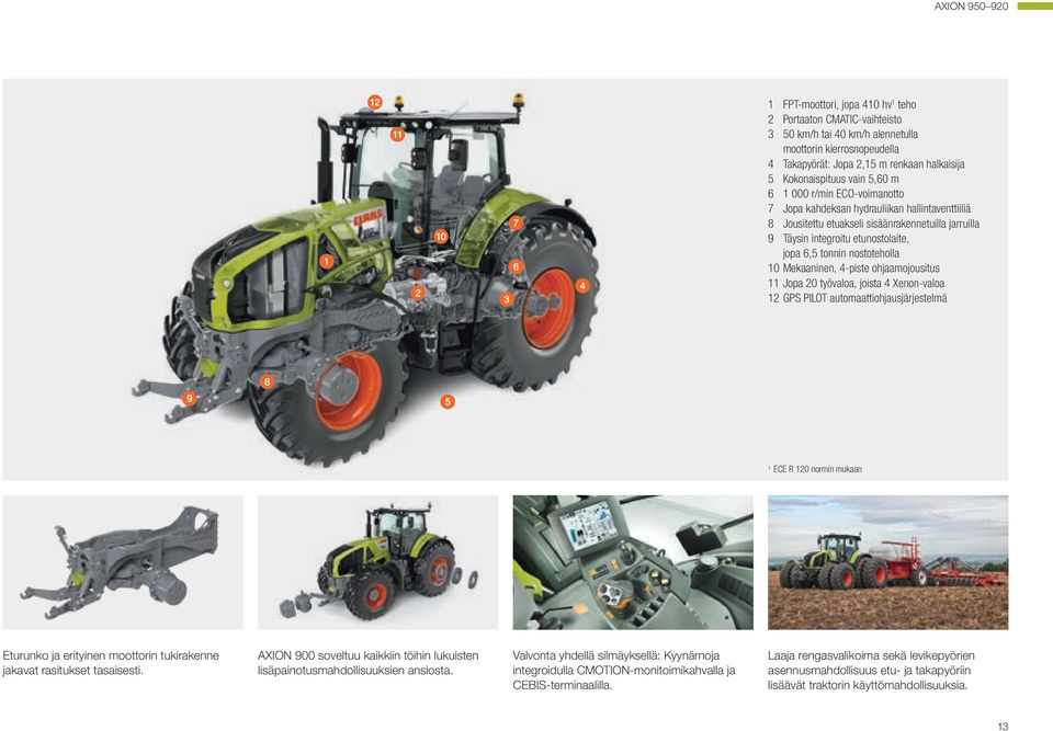 6,5 tonnin nostoteholla 10 Mekaaninen, 4-piste ohjaamojousitus 11 Jopa 20 työvaloa, joista 4 Xenon-valoa 12 GPS PILOT automaattiohjausjärjestelmä 1 ECE R 120 normin mukaan Eturunko ja erityinen