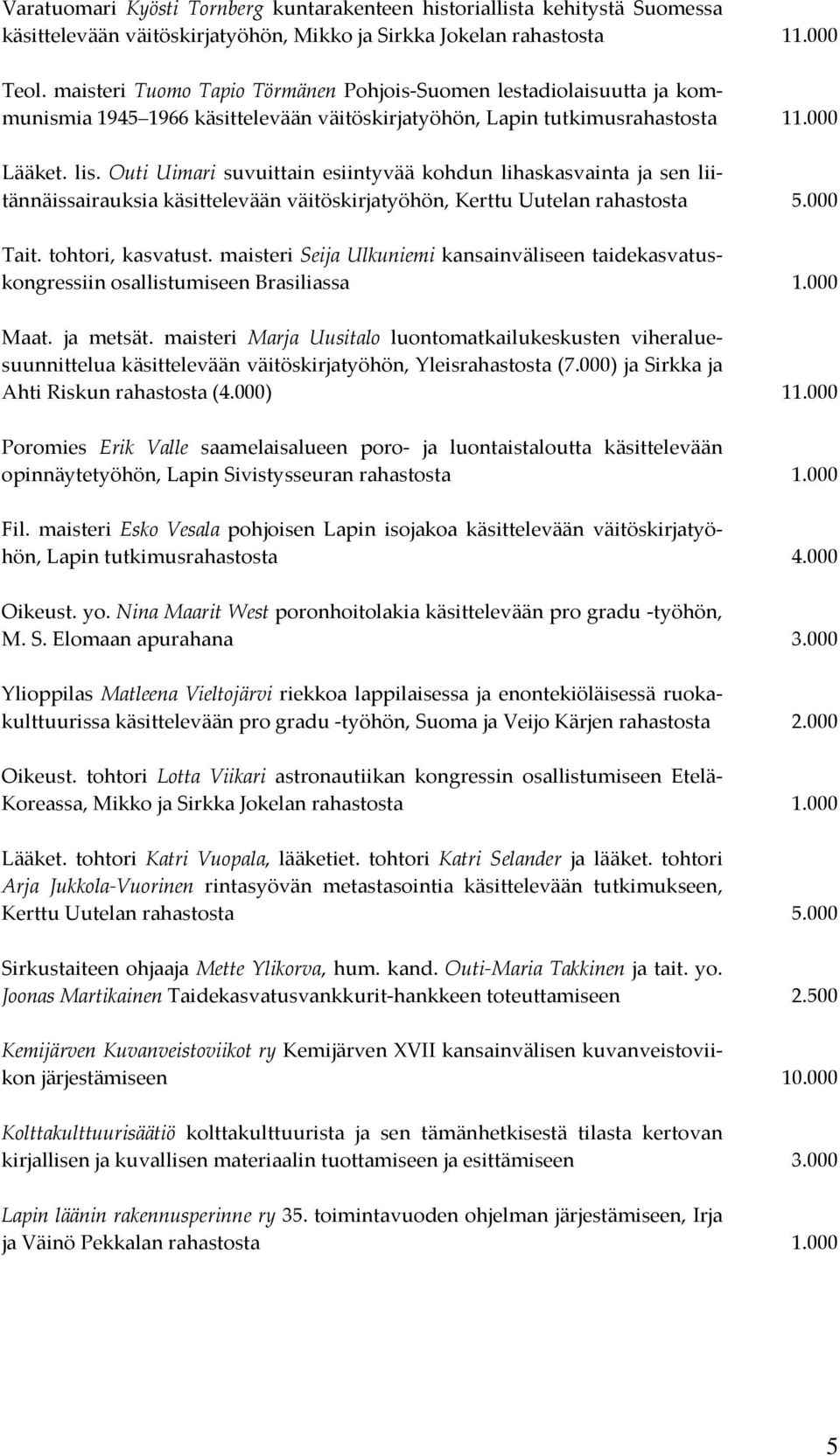 Outi Uimari suvuittain esiintyvää kohdun lihaskasvainta ja sen liitännäissairauksia käsittelevään väitöskirjatyöhön, Kerttu Uutelan rahastosta 5.000 Tait. tohtori, kasvatust.