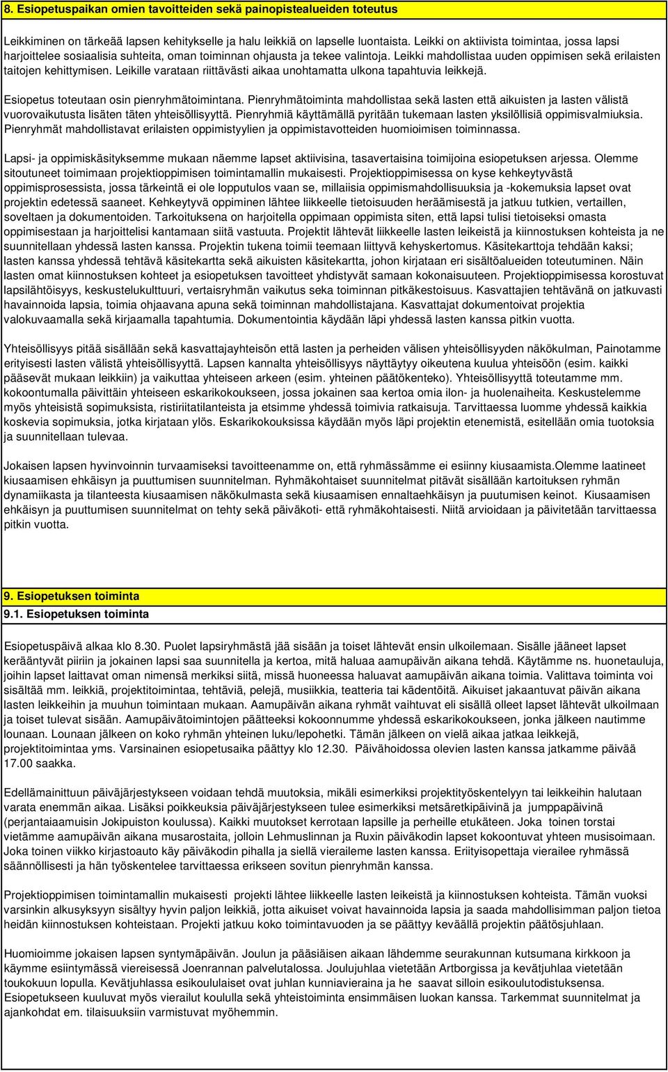 Leikille varataan riittävästi aikaa unohtamatta ulkona tapahtuvia leikkejä. Esiopetus toteutaan osin pienryhmätoimintana.