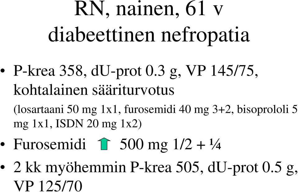 furosemidi 40 mg 3+2, bisoprololi 5 mg 1x1, ISDN 20 mg 1x2)