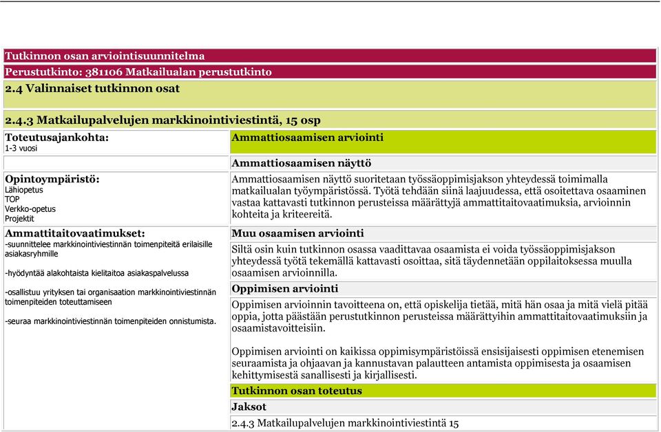 3 Matkailupalvelujen markkinointiviestintä, 15 osp 1-3 vuosi Opintoympäristö: Lähiopetus TOP Verkko-opetus Projektit -suunnittelee markkinointiviestinnän toimenpiteitä erilaisille asiakasryhmille