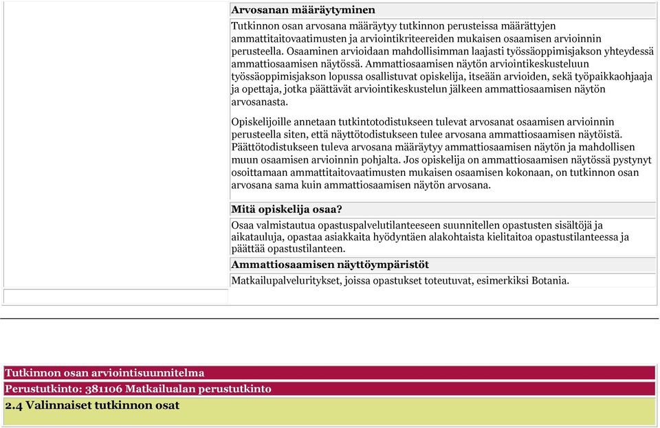 Ammattiosaamisen näytön arviointikeskusteluun työssäoppimisjakson lopussa osallistuvat opiskelija, itseään arvioiden, sekä työpaikkaohjaaja ja opettaja, jotka päättävät arviointikeskustelun jälkeen