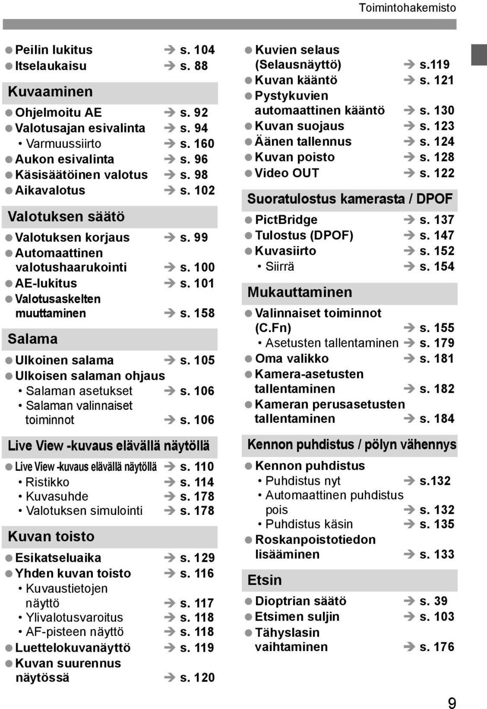 105 Ulkoisen salaman ohjaus Salaman asetukset s. 106 Salaman valinnaiset toiminnot s. 106 Live View -kuvaus elävällä näytöllä Live View -kuvaus elävällä näytöllä s. 110 Ristikko s. 114 Kuvasuhde s.