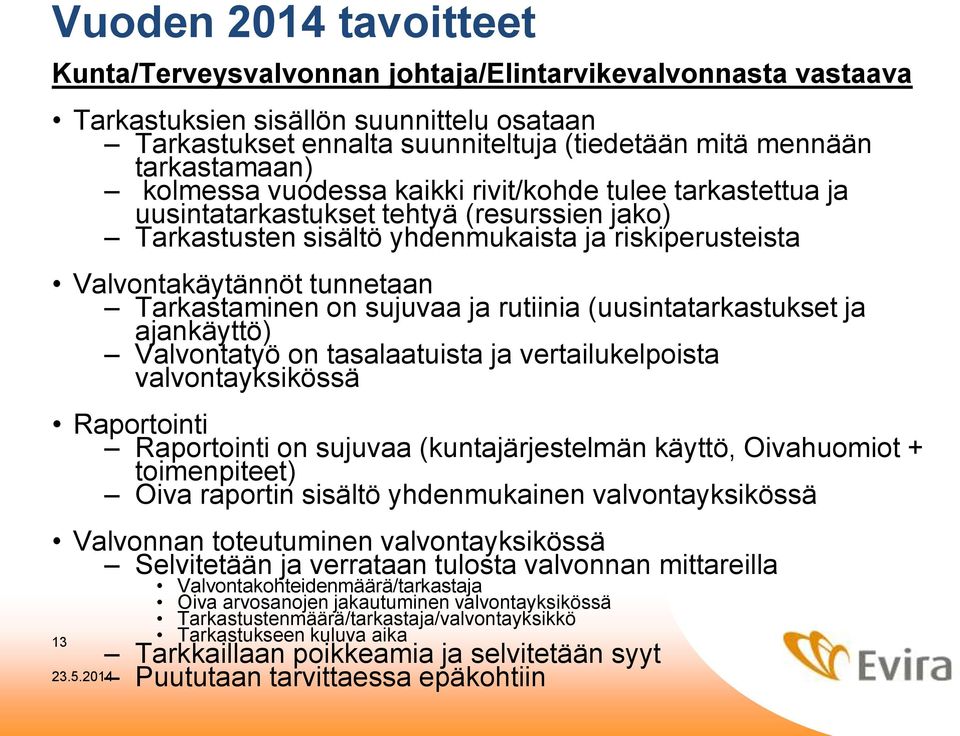 tunnetaan Tarkastaminen on sujuvaa ja rutiinia (uusintatarkastukset ja ajankäyttö) Valvontatyö on tasalaatuista ja vertailukelpoista valvontayksikössä Raportointi Raportointi on sujuvaa