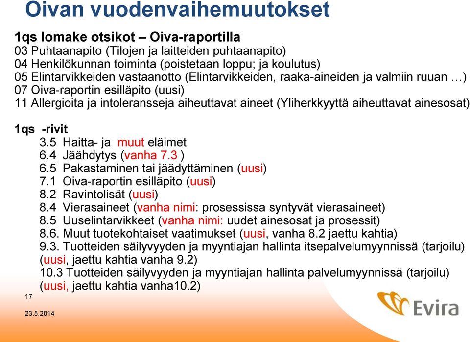 -rivit 3.5 Haitta- ja muut eläimet 6.4 Jäähdytys (vanha 7.3 ) 6.5 Pakastaminen tai jäädyttäminen (uusi) 7.1 Oiva-raportin esilläpito (uusi) 8.2 Ravintolisät (uusi) 8.