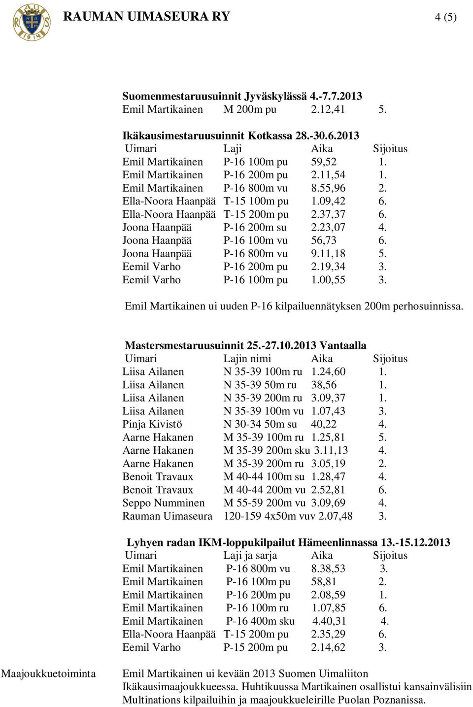 23,07 4. Joona Haanpää P-16 100m vu 56,73 6. Joona Haanpää P-16 800m vu 9.11,18 5. Eemil Varho P-16 200m pu 2.19,34 3. Eemil Varho P-16 100m pu 1.00,55 3.