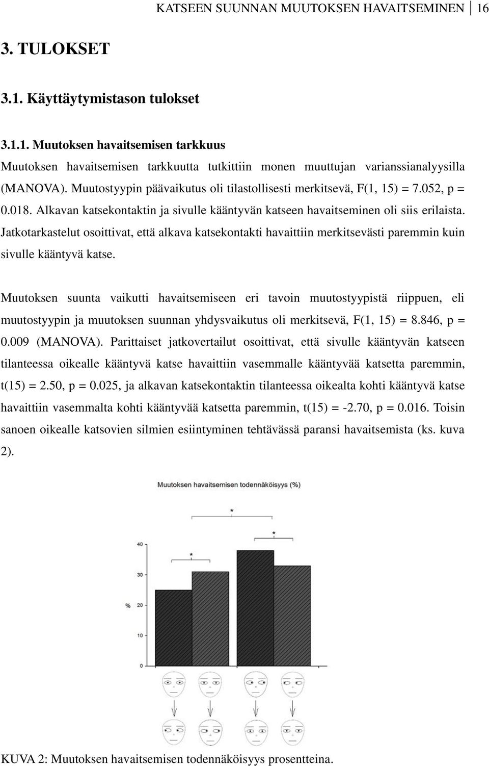 Jatkotarkastelut osoittivat, että alkava katsekontakti havaittiin merkitsevästi paremmin kuin sivulle kääntyvä katse.