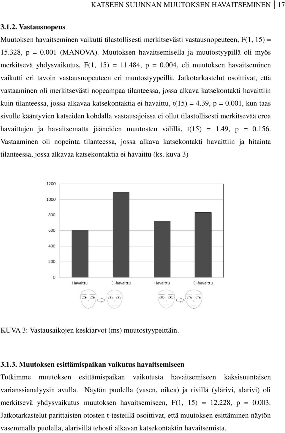 Jatkotarkastelut osoittivat, että vastaaminen oli merkitsevästi nopeampaa tilanteessa, jossa alkava katsekontakti havaittiin kuin tilanteessa, jossa alkavaa katsekontaktia ei havaittu, t(15) = 4.