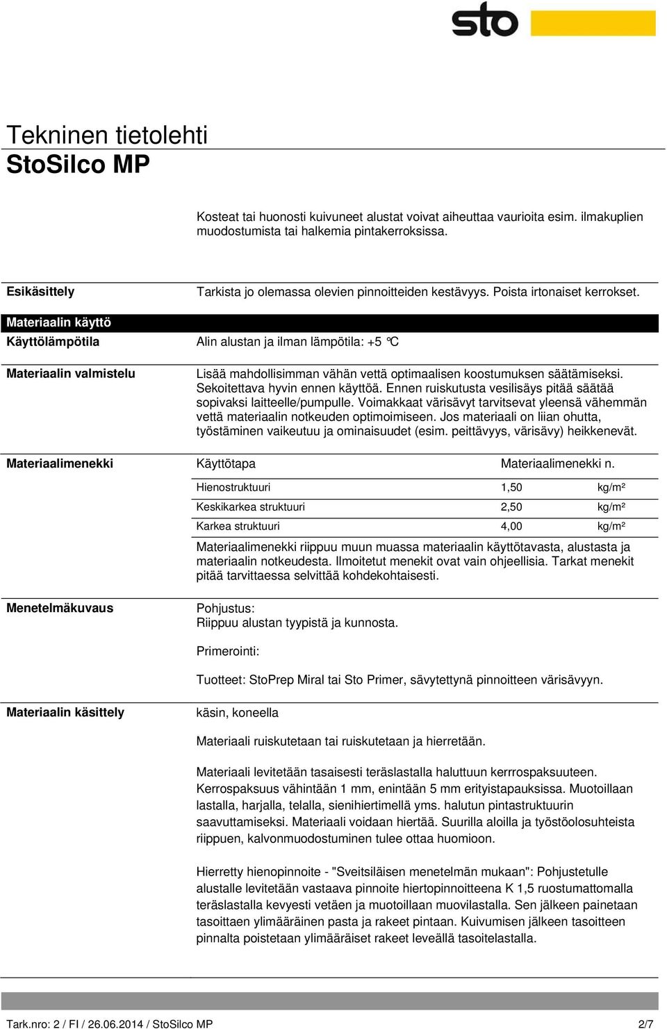 Sekoitettava hyvin ennen käyttöä. Ennen ruiskutusta vesilisäys pitää säätää sopivaksi laitteelle/pumpulle. Voimakkaat värisävyt tarvitsevat yleensä vähemmän vettä materiaalin notkeuden optimoimiseen.