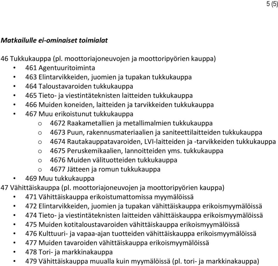 tukkukauppa 466 Muiden koneiden, laitteiden ja tarvikkeiden tukkukauppa 467 Muu erikoistunut tukkukauppa o 4672 Raakametallien ja metallimalmien tukkukauppa o 4673 Puun, rakennusmateriaalien ja