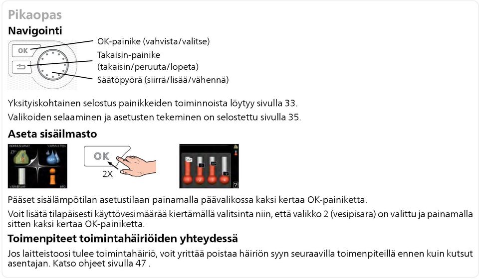 Aseta sisäilmasto 2X Pääset sisälämpötilan asetustilaan painamalla päävalikossa kaksi kertaa OK-painiketta.