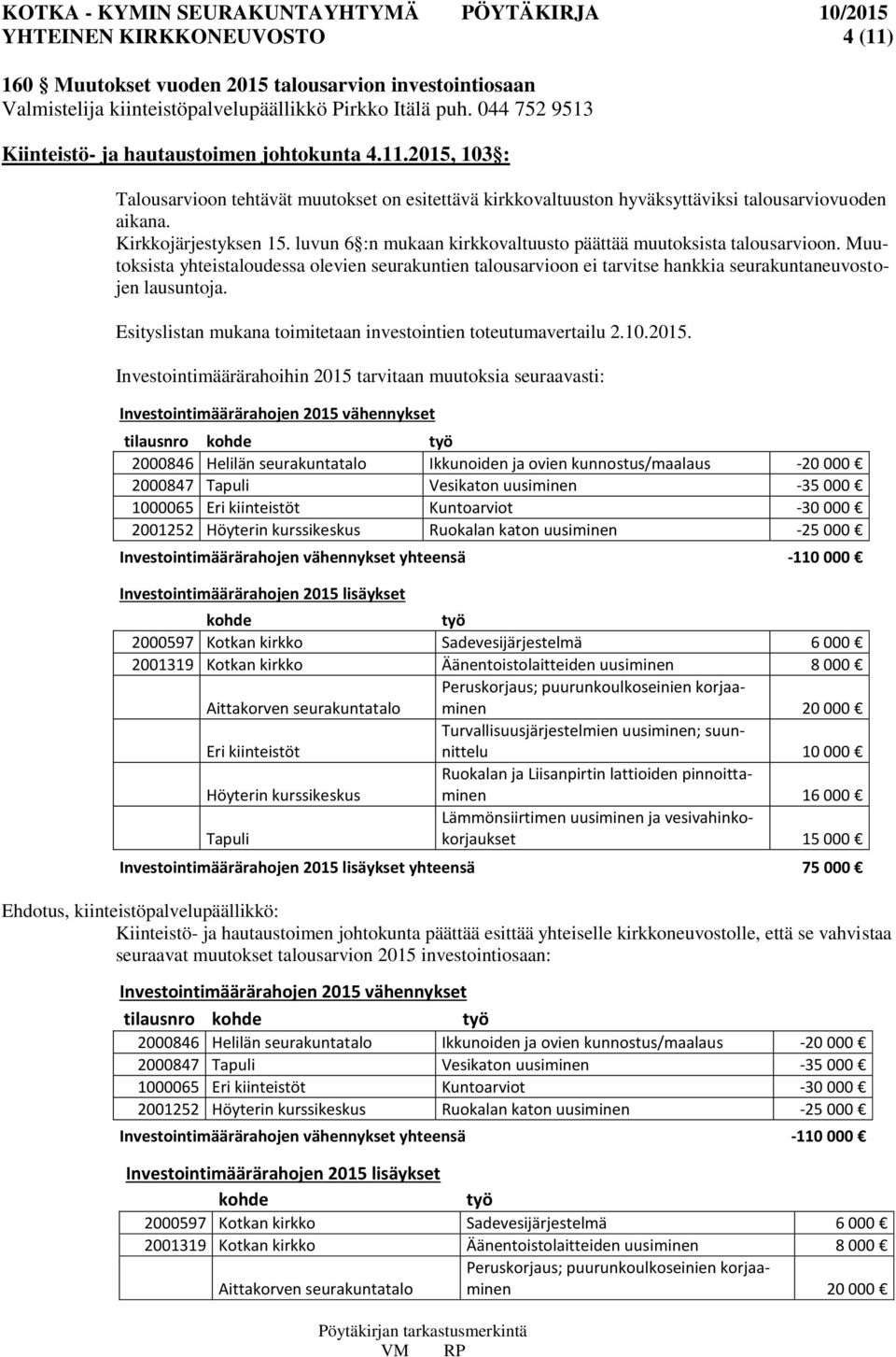 luvun 6 :n mukaan kirkkovaltuusto päättää muutoksista talousarvioon. Muutoksista yhteistaloudessa olevien seurakuntien talousarvioon ei tarvitse hankkia seurakuntaneuvostojen lausuntoja.