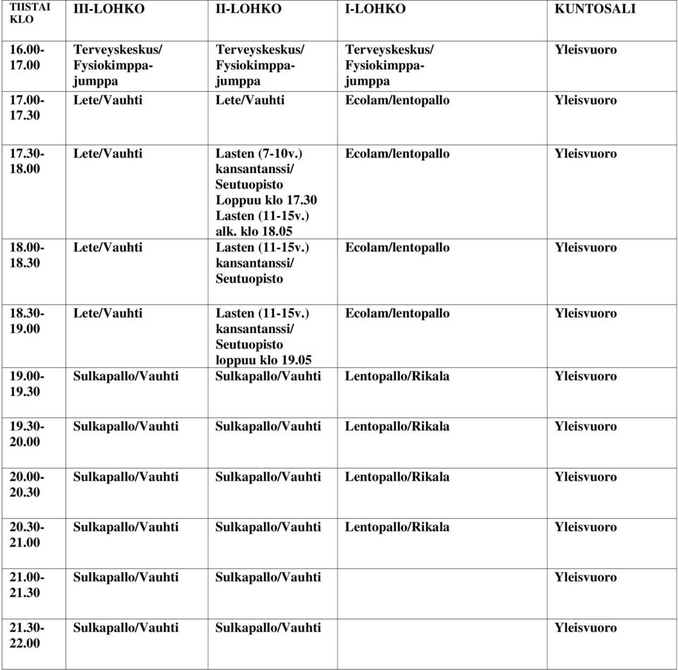 00 Lete/Vauhti Lasten (11-15v.) kansantanssi/ loppuu klo 19.