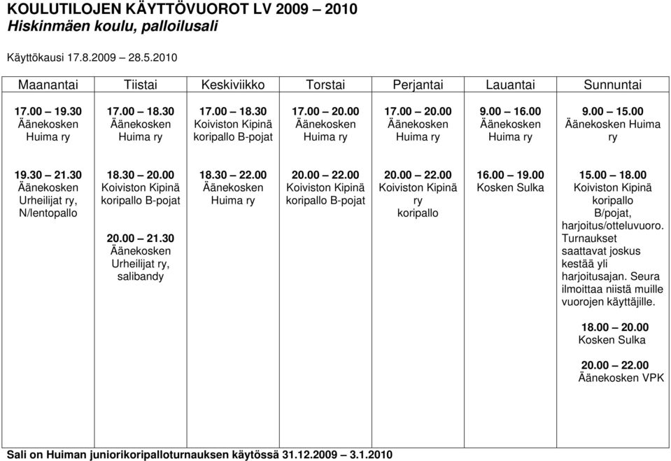 00 B/pojat, harjoitus/otteluvuoro. Turnaukset saattavat joskus kestää yli harjoitusajan.