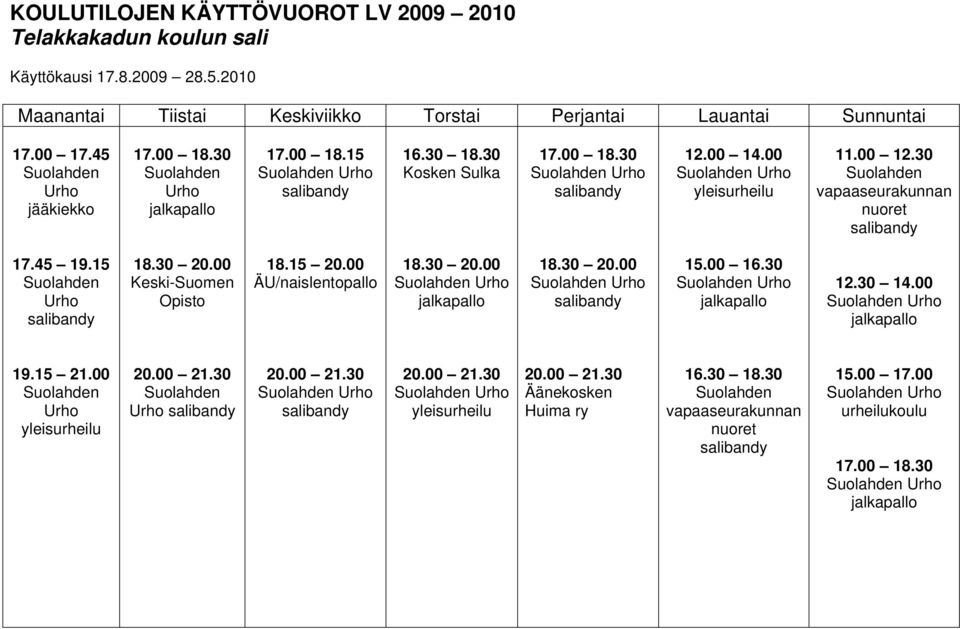 45 19.15 Urho Keski-Suomen Opisto 18.15 20.00 ÄU/nais 15.00 16.30 12.30 14.00 19.