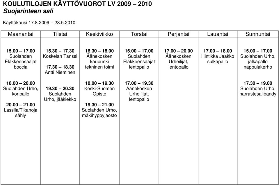 00 Hintikka Jaakko sulkapallo, nappulakerho 18.00 20.00, 20.00 21.00 Lassila/Tikanoja sähly 19.