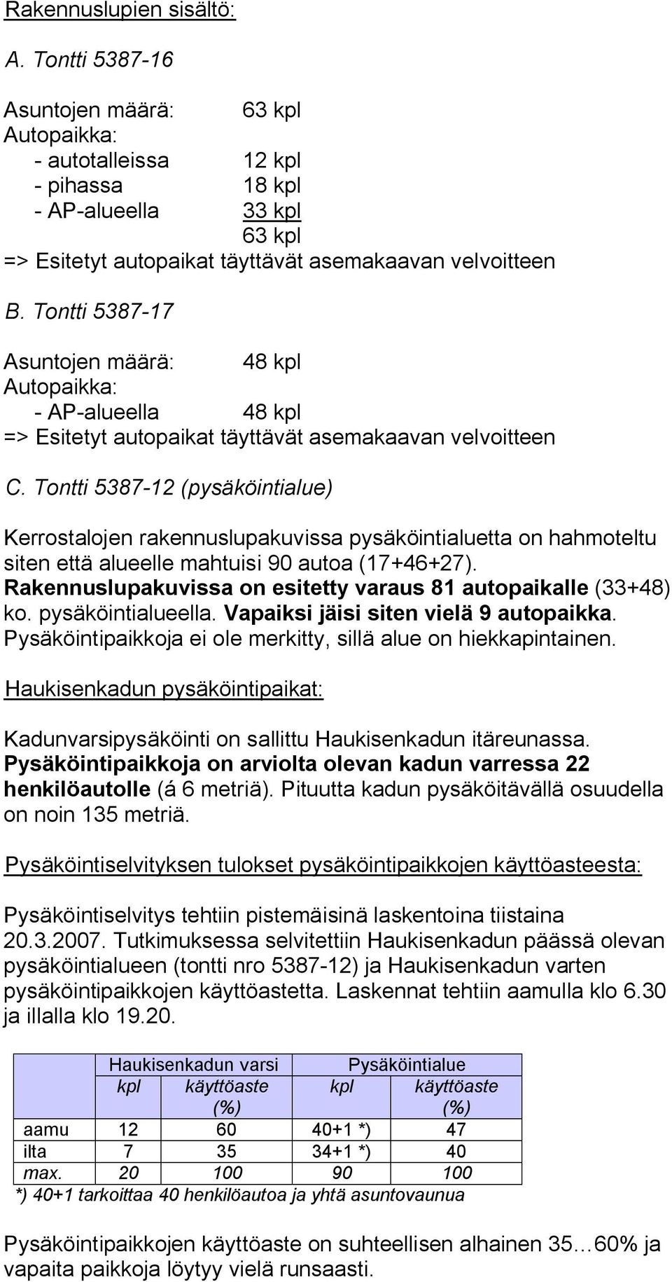 Tontti 5387 12 (pysäköintialue) Kerrostalojen rakennuslupakuvissa pysäköintialuetta on hahmoteltu siten että alueelle mahtuisi 90 autoa (17+46+27).