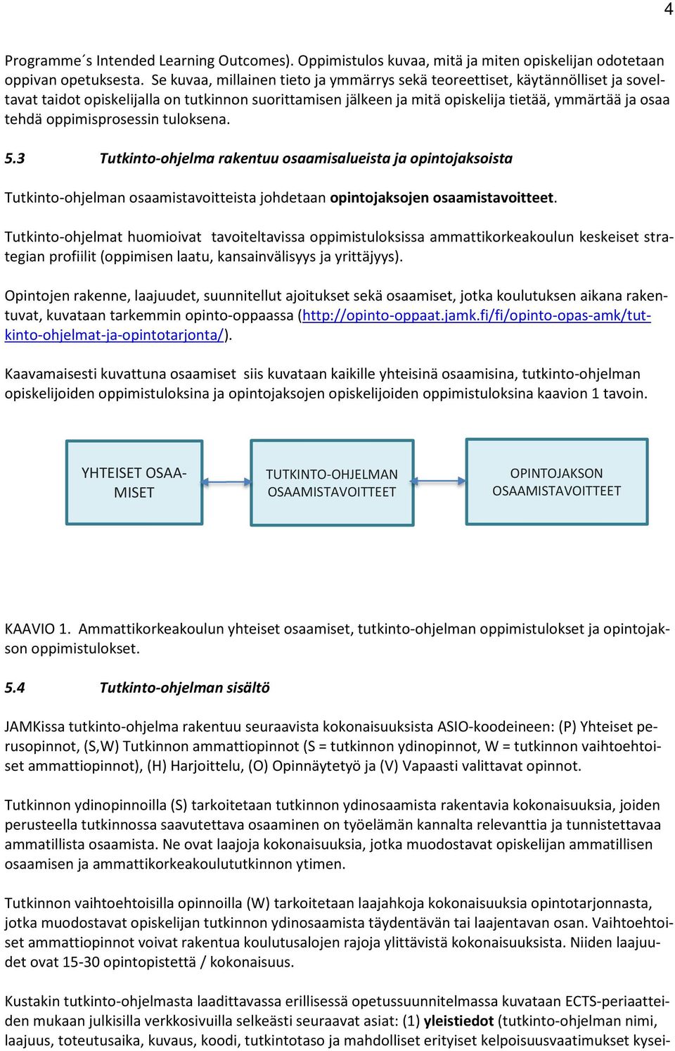 oppimisprosessin tuloksena. 5.3 Tutkinto-ohjelma rakentuu osaamisalueista ja opintojaksoista Tutkinto-ohjelman osaamistavoitteista johdetaan opintojaksojen osaamistavoitteet.