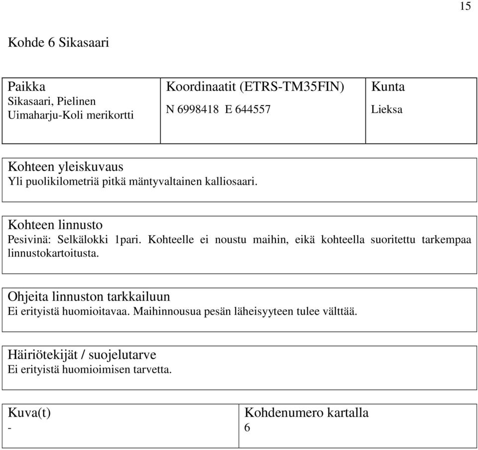 Kohteelle ei noustu maihin, eikä kohteella suoritettu tarkempaa linnustokartoitusta.