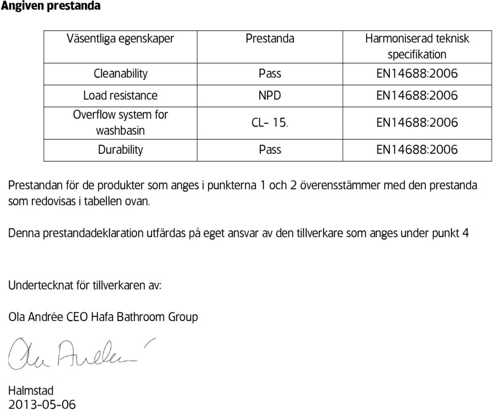 EN14688:2006 Durability Pass EN14688:2006 Prestandan för de produkter som anges i punkterna 1 och 2 överensstämmer med den prestanda