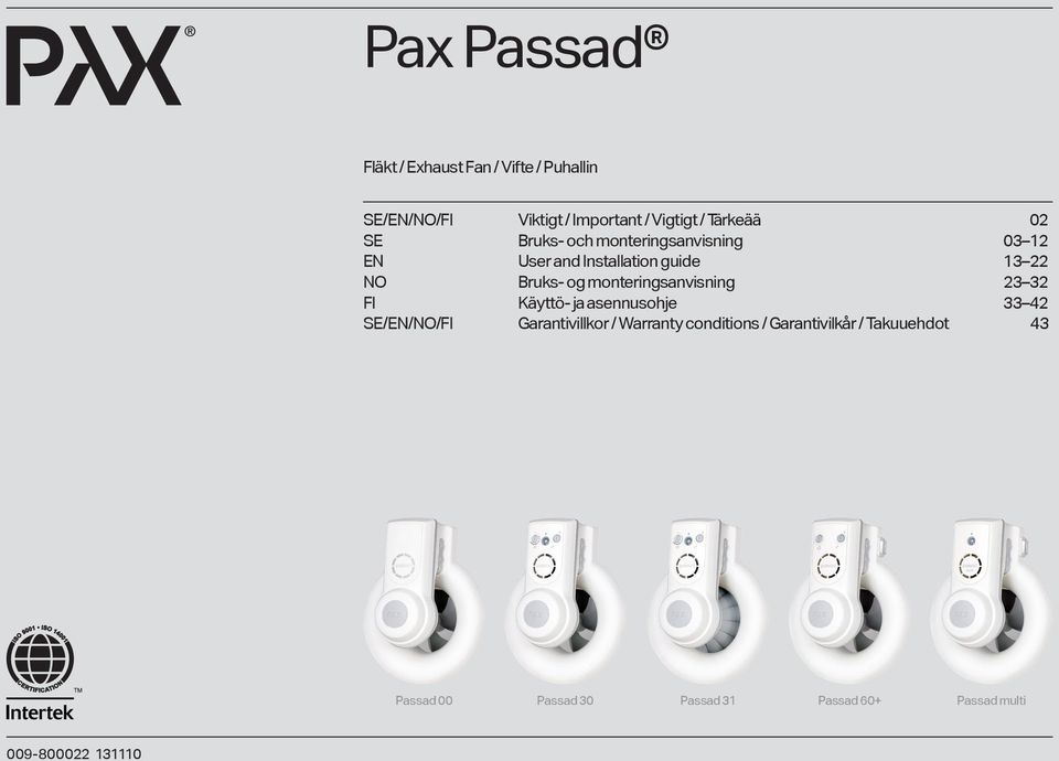 Pax Passad. Fläkt / Exhaust Fan / Vifte / Puhallin - PDF Ilmainen lataus