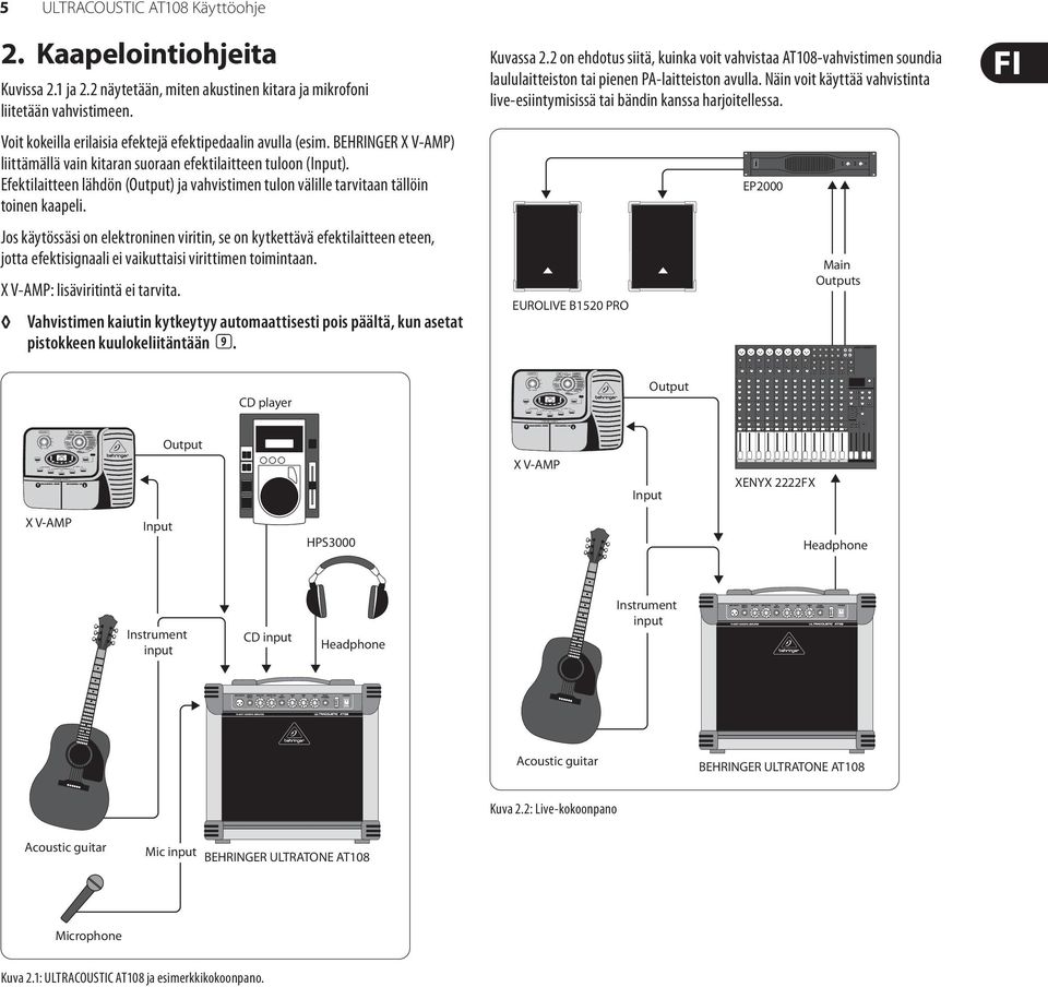 BEHRINGER X V-AMP) liittämällä vain kitaran suoraan efektilaitteen tuloon (Input). Efektilaitteen lähdön (Output) ja vahvistimen tulon välille tarvitaan tällöin toinen kaapeli.