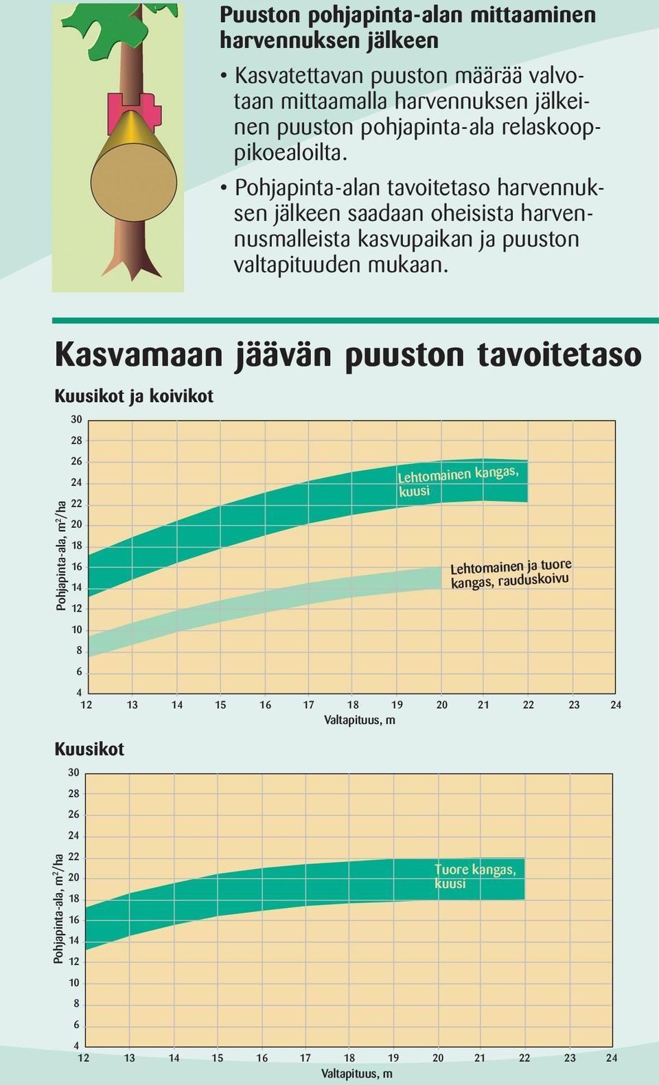 Kasvamaan jäävän puuston tavoitetaso Kuusikot ja koivikot Pohjapinta-ala, m 2 /ha Pohjapinta-ala, m 2 /ha 30 28 26 24 22 20 18 16 14 12 10 8 6 4 12 13 14 15 16 17 18 19 20