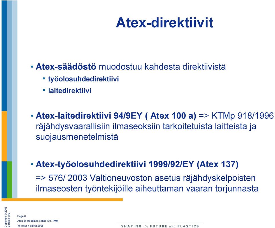 tarkoitetuista laitteista ja suojausmenetelmistä Atex työolosuhdedirektiivi 1999/92/EY (Atex 137) =>