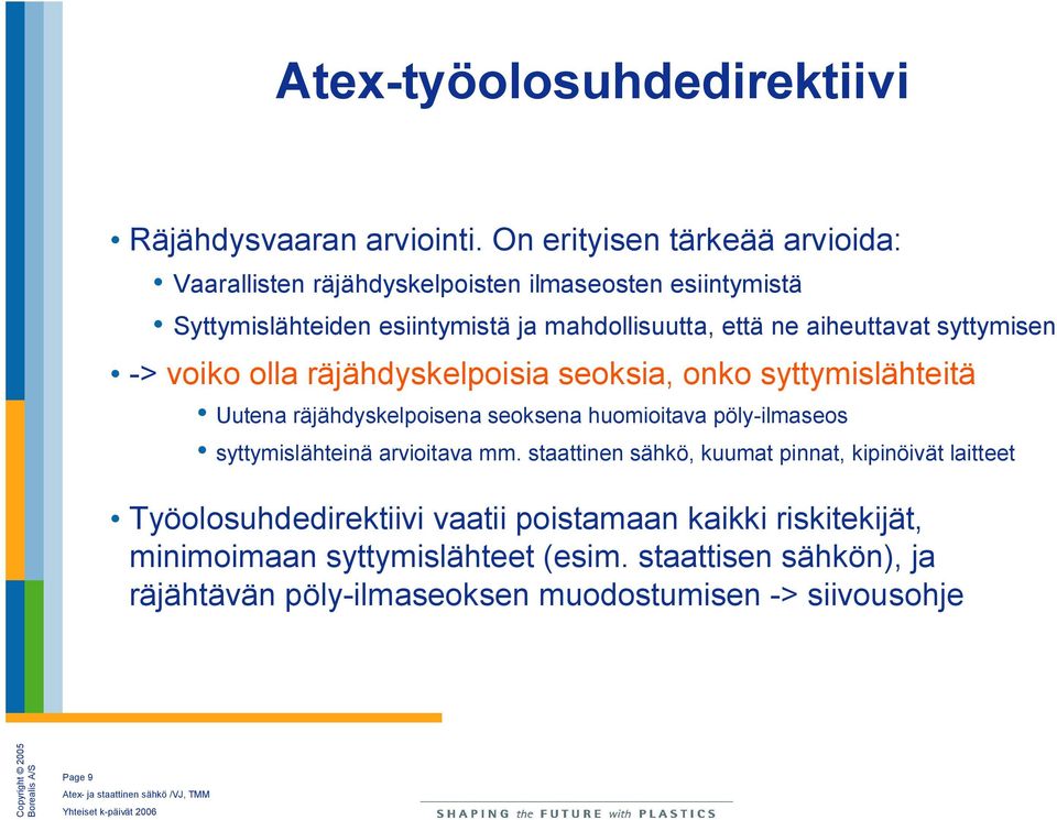 aiheuttavat syttymisen > voiko olla räjähdyskelpoisia seoksia, onko syttymislähteitä Uutena räjähdyskelpoisena seoksena huomioitava pöly ilmaseos