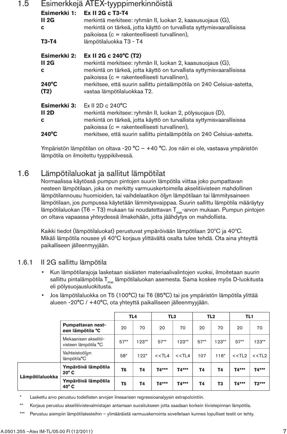 tärkeä, jotta käyttö on turvallista syttymisvaarallisissa paikoissa (c = rakenteellisesti turvallinen), 240 C merkitsee, että suurin sallittu pintalämpötila on 240 Celsius-astetta, (T2) vastaa