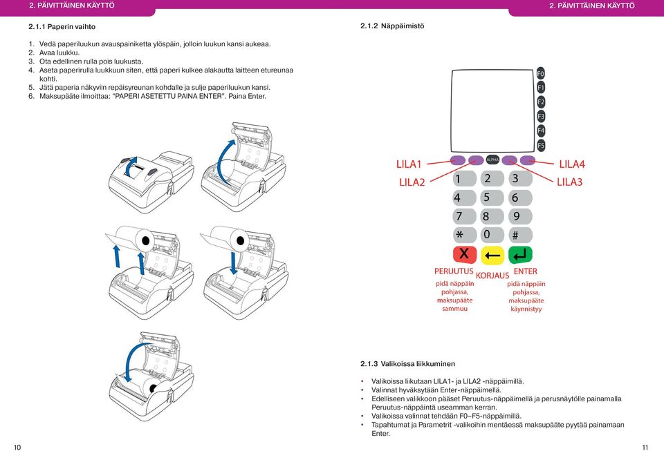 Jätä paperia näkyviin repäisyreunan kohdalle ja sulje paperiluukun kansi. 6. Maksupääte ilmoittaa: PAPERI ASETETTU PAINA ENTER. Paina Enter. 2.1.