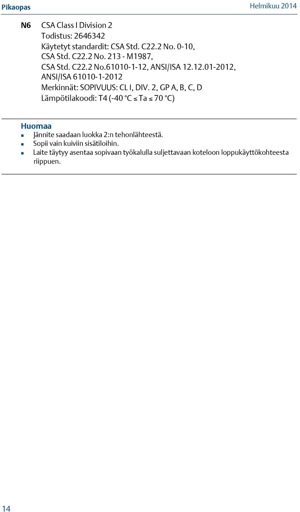 2, GP A, B, C, D Lämpötilakoodi: T4 (-40 C Ta 70 C) Huomaa Jännite saadaan luokka 2:n tehonlähteestä.