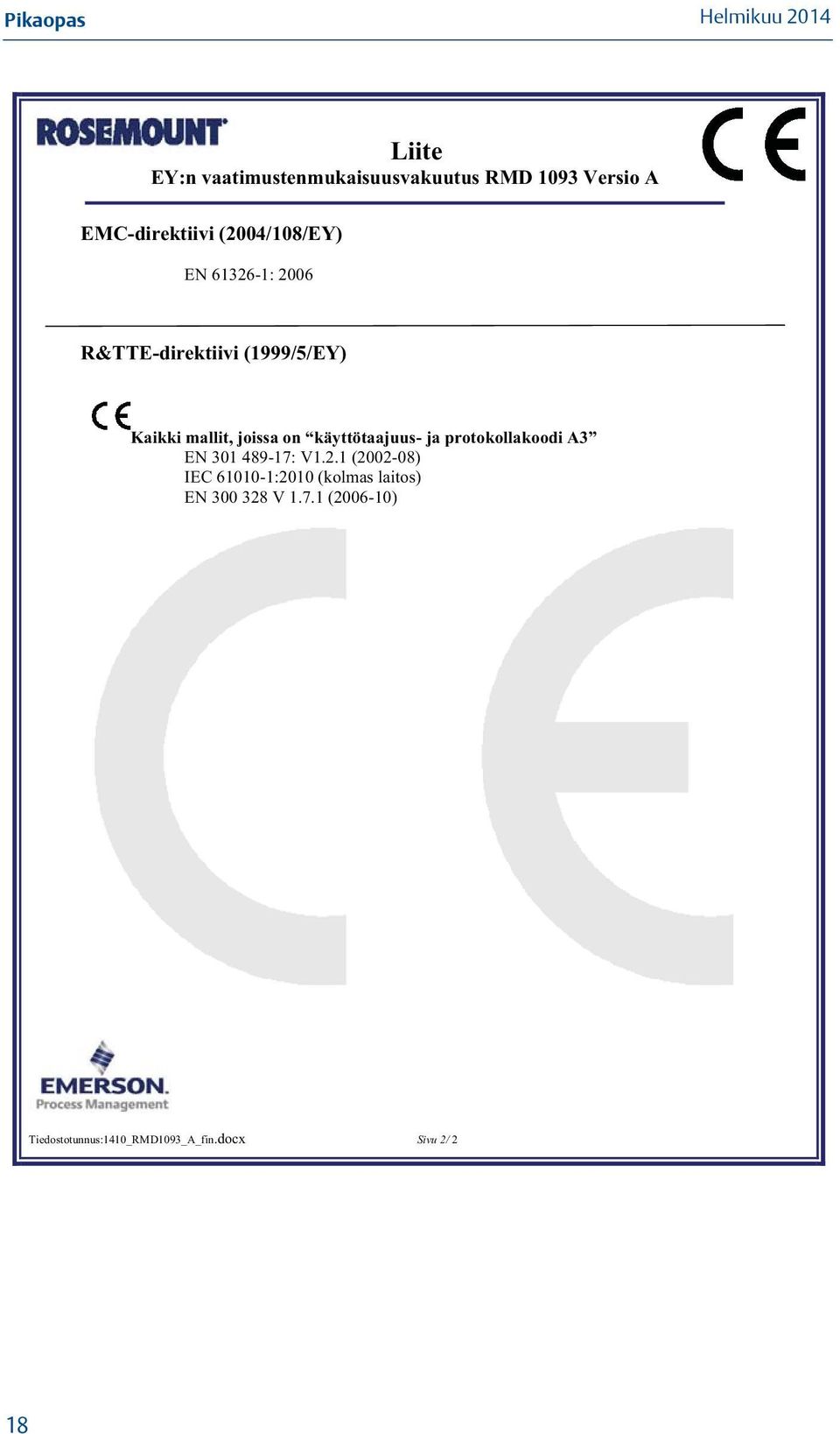 käyttötaajuus- ja protokollakoodi A3 EN 301 489-17: V1.2.