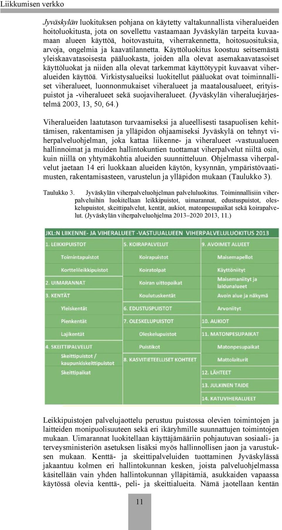 Käyttöluokitus koostuu seitsemästä yleiskaavatasoisesta pääluokasta, joiden alla olevat asemakaavatasoiset käyttöluokat ja niiden alla olevat tarkemmat käyttötyypit kuvaavat viheralueiden käyttöä.