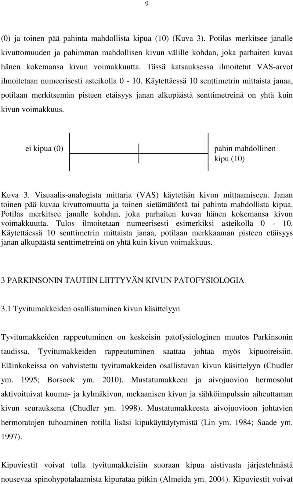 Tässä katsauksessa ilmoitetut VAS-arvot ilmoitetaan numeerisesti asteikolla 0-10.