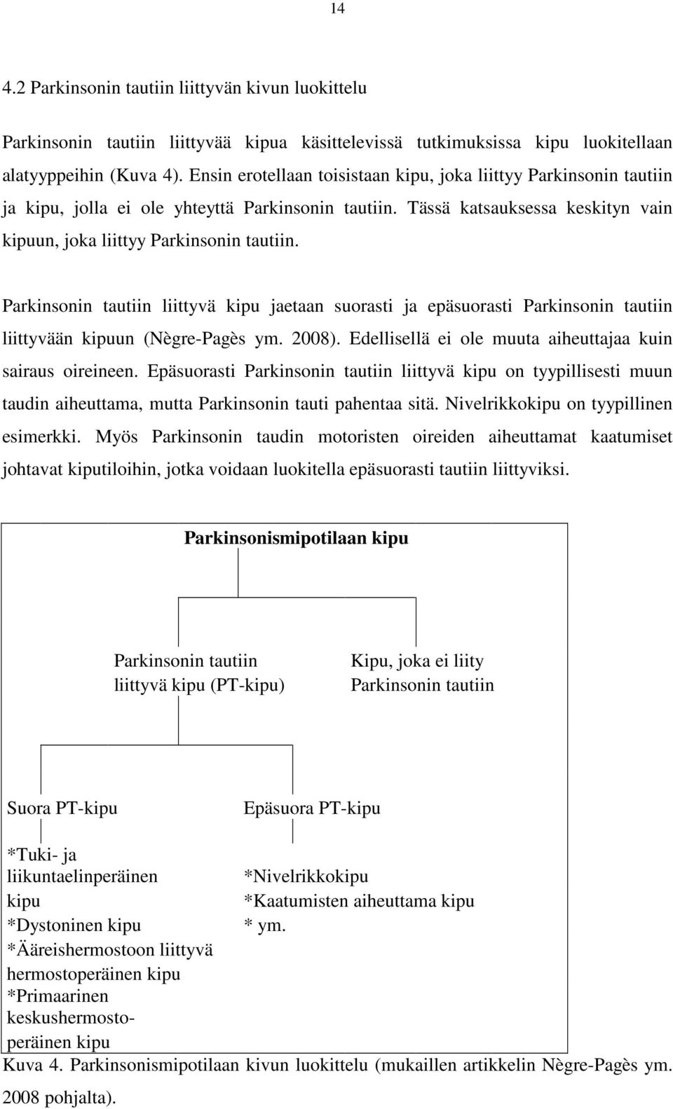 Parkinsonin tautiin liittyvä kipu jaetaan suorasti ja epäsuorasti Parkinsonin tautiin liittyvään kipuun (Nègre-Pagès ym. 2008). Edellisellä ei ole muuta aiheuttajaa kuin sairaus oireineen.
