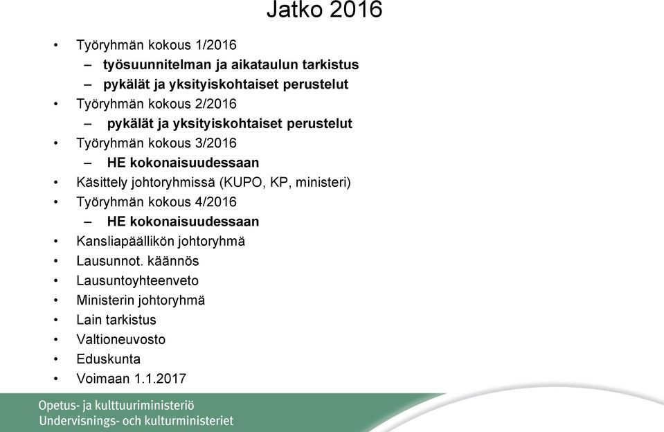 Käsittely johtoryhmissä (KUPO, KP, ministeri) Työryhmän kokous 4/2016 HE kokonaisuudessaan Kansliapäällikön