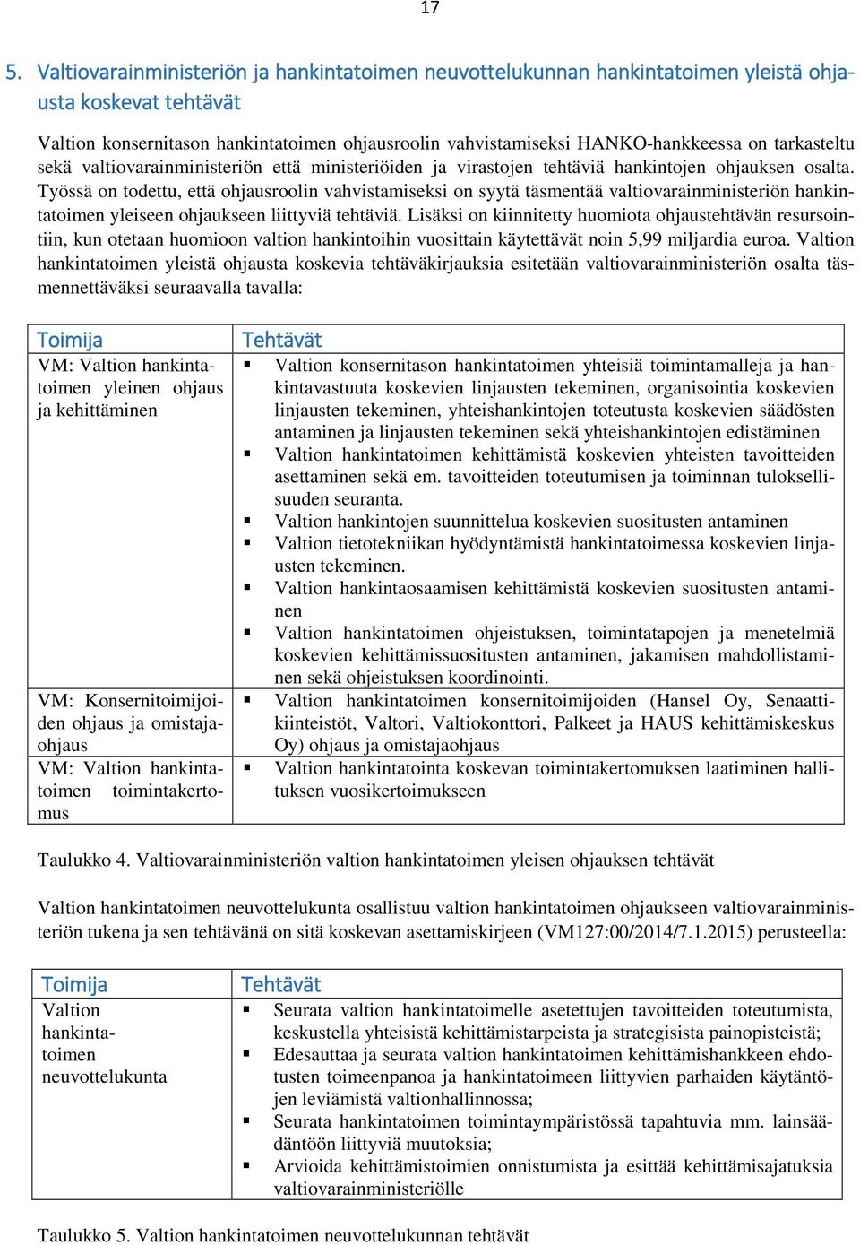 Työssä on todettu, että ohjausroolin vahvistamiseksi on syytä täsmentää valtiovarainministeriön hankintatoimen yleiseen ohjaukseen liittyviä tehtäviä.