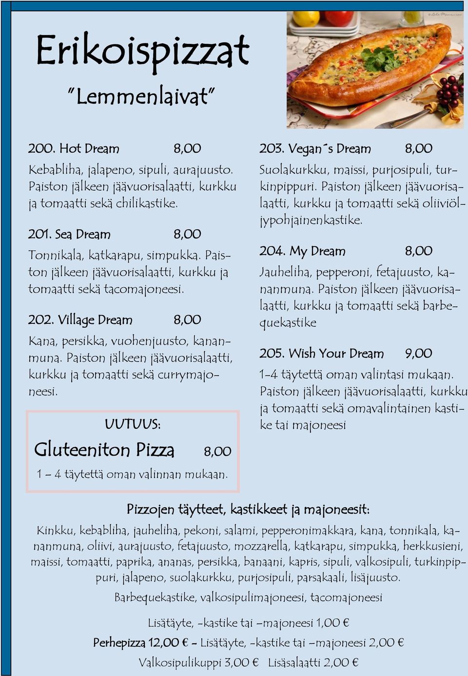 Paiston jälkeen jäävuorisalaatti, kurkku ja tomaatti sekä currymajoneesi. UUTUUS: 203. Vegan s Dream 8,00 Suolakurkku, maissi, purjosipuli, turkinpippuri.